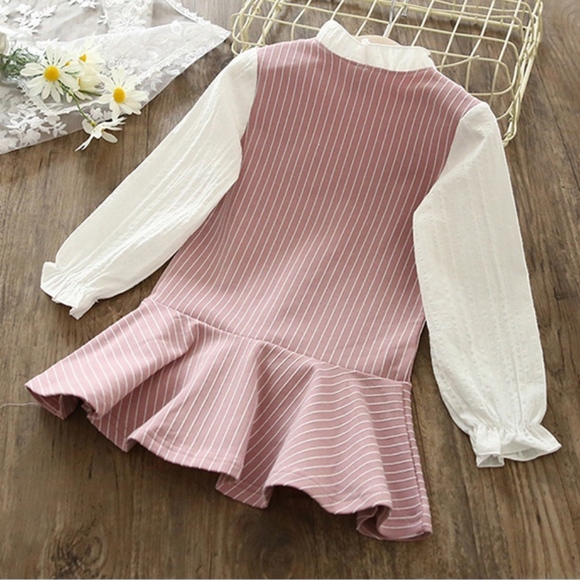 Toddler Girls Bell Sleeve Pleated Skirt Pink Dress - Picture 2 of 4